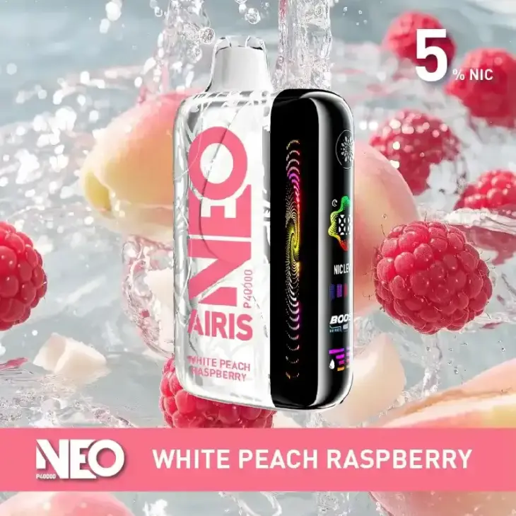 White Peach Raspberry Neo P40000 disposable vape, 5% nicotine, portable design