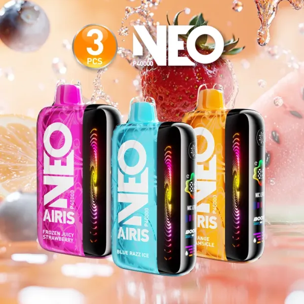 Airis Neo P40000 3 pack disposable vape bundle with multiple flavors, 40,000 puffs each, rechargeable, adjustable airflow and nicotine control