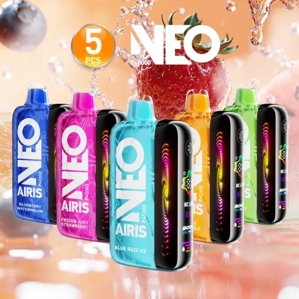 Airis Neo P40000 5 pack disposable vape bundle with multiple flavors, up to 40000 puffs each, rechargeable with adjustable airflow and nicotine control