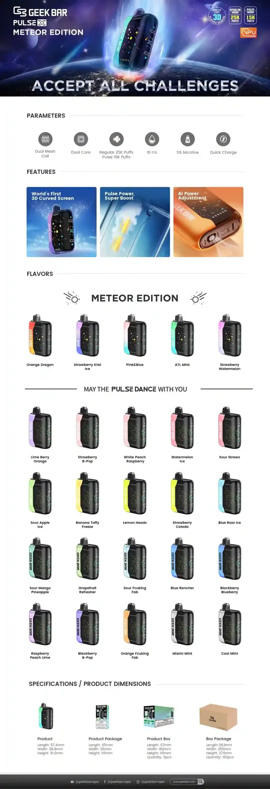 Geek Bar Pulse X Meteor Edition disposable vape – up to 25K puffs, dual mesh coil, 3D curved screen, 18mL, 5% nic. Meteor flavors: Orange Dragon, Strawberry Kiwi Ice, Pink&Blue, ATL Mint, Strawberry Watermelon.