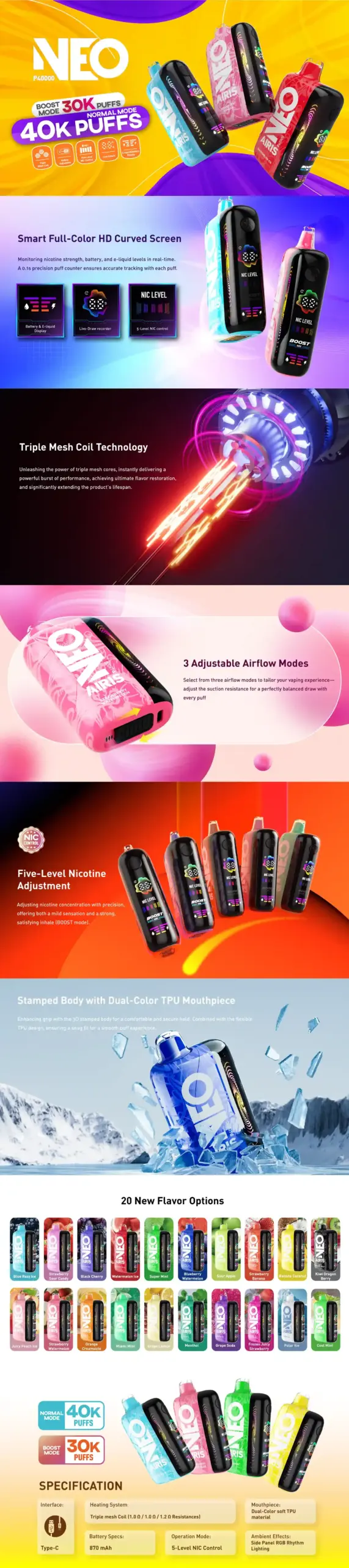 Airis Neo P40000 disposable vape with 20 flavor options, 5% nicotine, Triple Mesh Coil, adjustable airflow, 5-level nicotine control, RGB side lighting